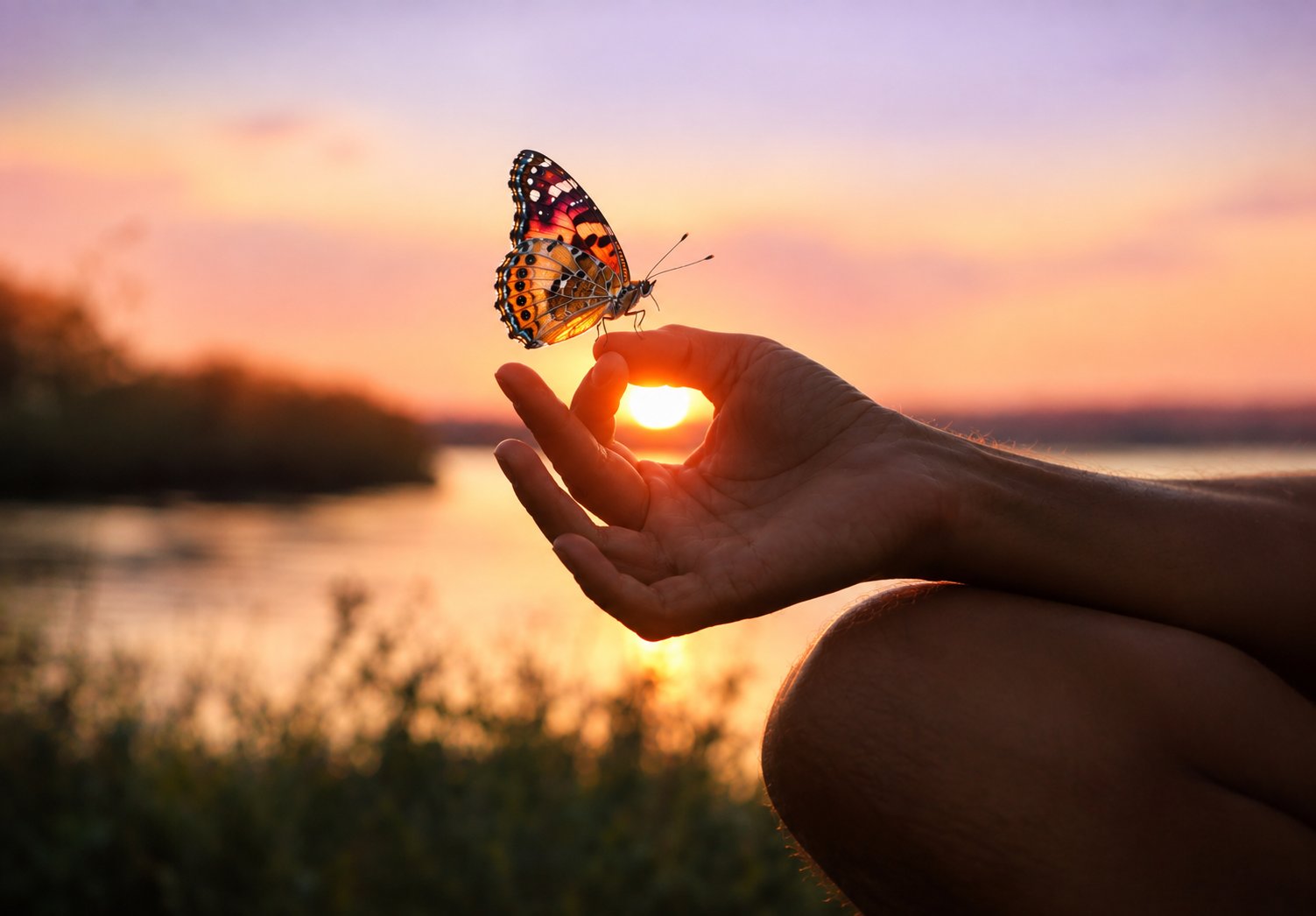 Un papillon posé sur une main, au coucher du soleil