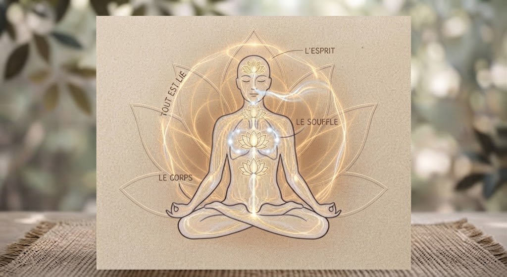 Schéma d'une personne en méditation reliant le corps, le souffle et l'esprit