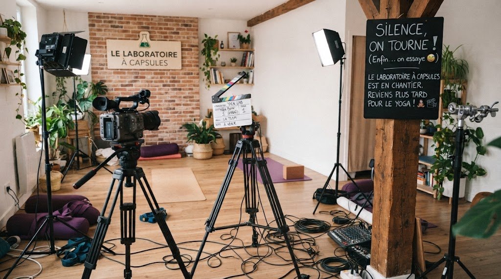 Le plateau de tournage du Laboratoire à Capsules, caméras et clap prêts, panneau « Silence, on tourne ! »