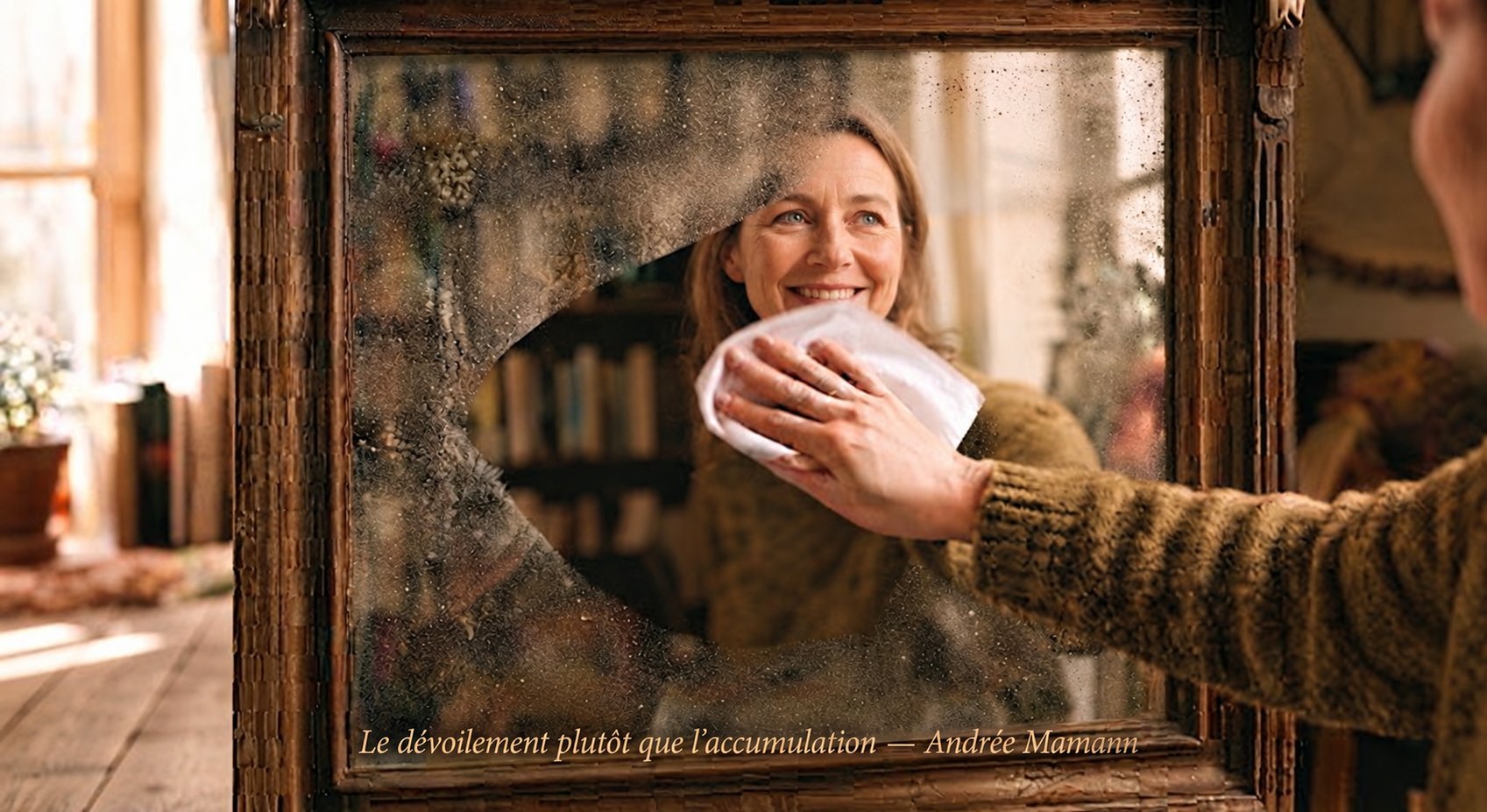 Une femme essuie un miroir poussiéreux pour y voir son reflet, symbole du dévoilement