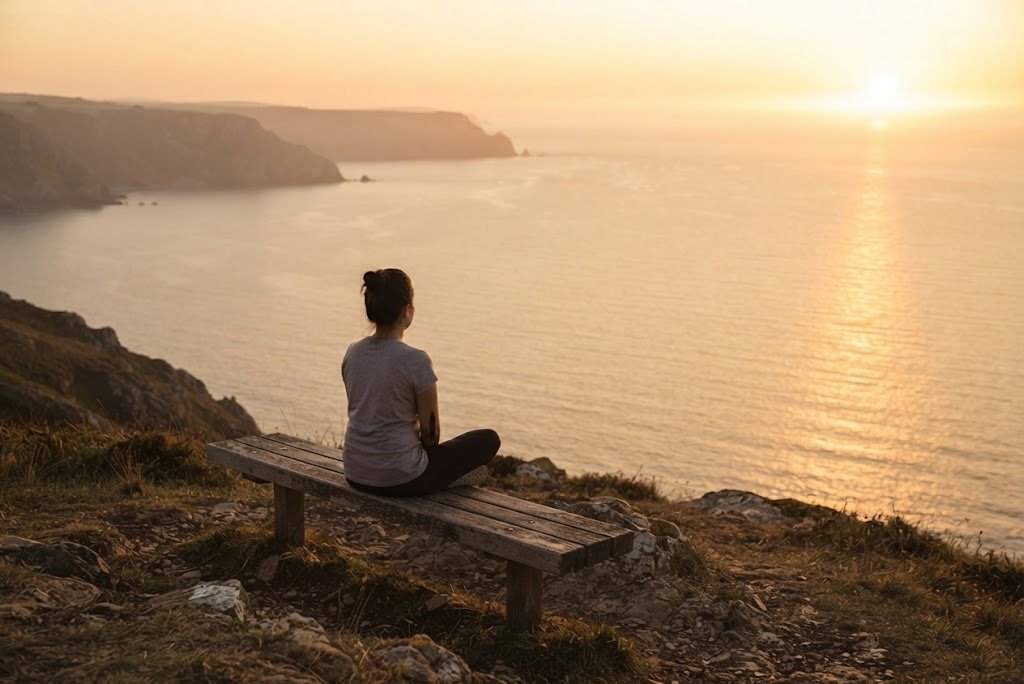 Une personne assise face à l'océan au coucher du soleil, un voyage au cœur de l'unité